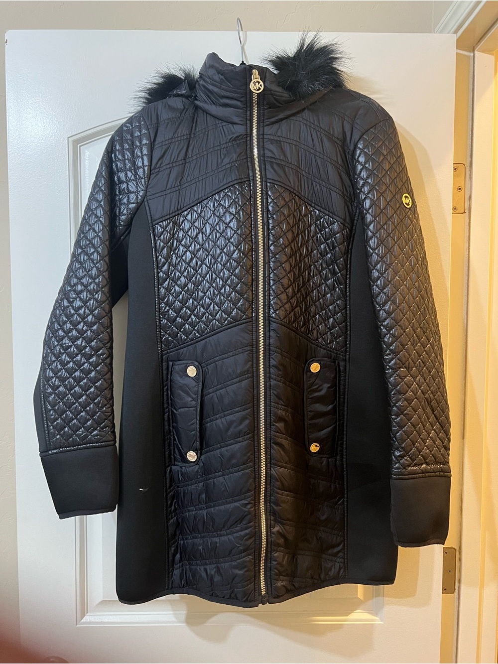 Michael Kors Black Quilted Hooded Puffer Coat with Faux Fur Trim